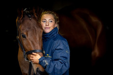 Groom Emma Murphy waits to show Imagine to prospective purchasers at Tattersalls dispersal sale 5/2/2024