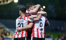 Derry players celebrate their sides second goal 22/4/2024