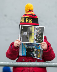 A young Ard Scoil Ris supporter studies the program during the game 3/2/2024