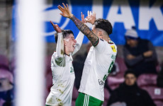 Cathal O'Sullivan celebrates after scoring his side's second goal of the match with Ruairi Keating 18/10/2024