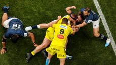 Quentin Lespiaucq Brettes is tackled by James Lowe and Jamison Gibson-Park 20/5/2023