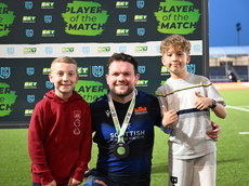 Ewan Ashman is presented with the BKT United Rugby Championship Player of the Match award by the junior presenters 10/5/2024
