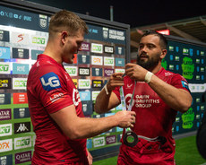 Josh Macleod presents Taine Plumtree with the BKT United Rugby Championship Player of the Match award 18/10/2024