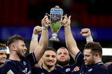Scotland players celebrate with the Doddie Weir Cup 3/2/2024