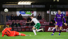 Ruairi Keating shoots past Conor Walsh to score his side's first goal of the match 18/10/2024