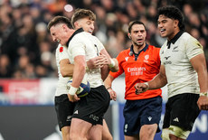 Cameron Roigard celebrates after scoring a try with Beauden Barrett and Wallace Sititi 16/11/2024