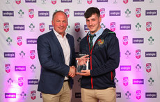 All-Ireland League Men's Division 2C Player of the Year 2023/24 Callum Smyton is presented with his award by David Humphreys 8/5/2024