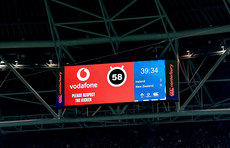 A view of Vodafone branding and Please Respect the Kicker on the big screen 8/11/2024