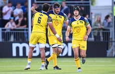 Zebre players celebrate Jacopo Trulla scoring a try 10/5/2024