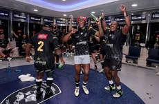 Aphelele Fassi and Fezokuhle Mbatha celebrate after winning the European Challenge Cup 24/5/2024