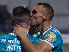 Dylan Watts celebrates after scoring his side's first goal of the match with Graham Burke 27/10/2024