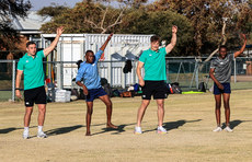 Jordan Larmour and Josh van der Flier with members of the team 3/7/2024