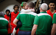 Cora Kelleher hugs her dad Paul Kelleher after the game 27/3/2024