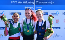 Kenia Lechuga (silver) Siobhan McCrohan (gold) and Sophia Luwis (bronze) celebrate with their medals 7/9/2023