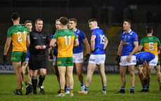 Cavan players react after referee Sean Lonergan blows the final whistle 4/2/2024