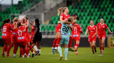 Kate Mooney, Amanda McQuillan and Alex Kavanagh celebrate at the final whistle 20/10/2024 