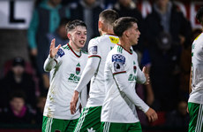 Cathal O'Sullivan celebrates after scoring his side's second goal of the match with Sean Murray 18/10/2024