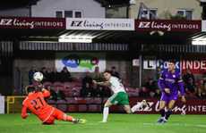 Ruairi Keating shoots past Conor Walsh to score his side's first goal of the match 18/10/2024