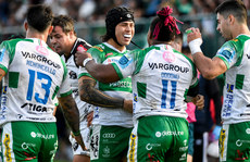 Paolo Odogwu celebrates scoring a try with Jacob Umaga 12/10/2024