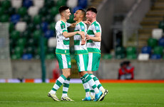 Graham Burke celebrates scoring the third goal with Johnny Kenny and Josh Honohan 24/10/2024