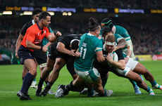 James Lowe and Bundee Aki tackle Sam Cane 8/11/2024