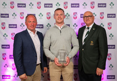All-Ireland League Men's Division 1B Player of the Year 2023/24 Ronan Watters is presented with his award by David Humphreys and Greg Barrett 8/5/2024