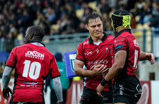 Quan Horn celebrates with try scorer Edwill van der Merwe 19/10/2024